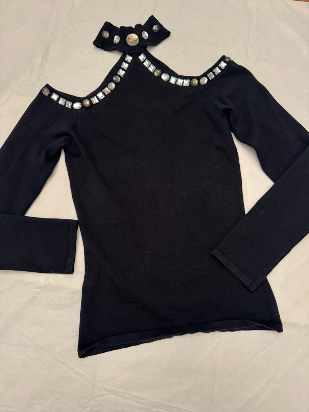 Vintage Wayne Rogers Silk Blend Rhinestone Cold Shoulder Top M Y2K